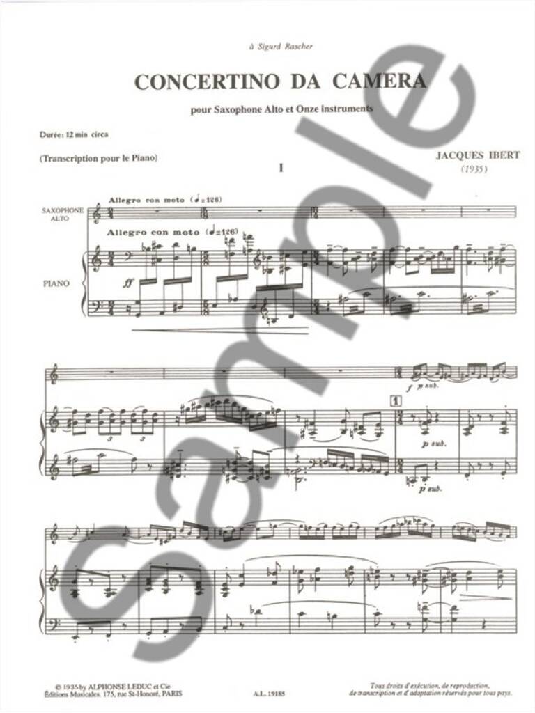Jacques Ibert: Concertino Da Camera: Alto Saxophone And Accomp.