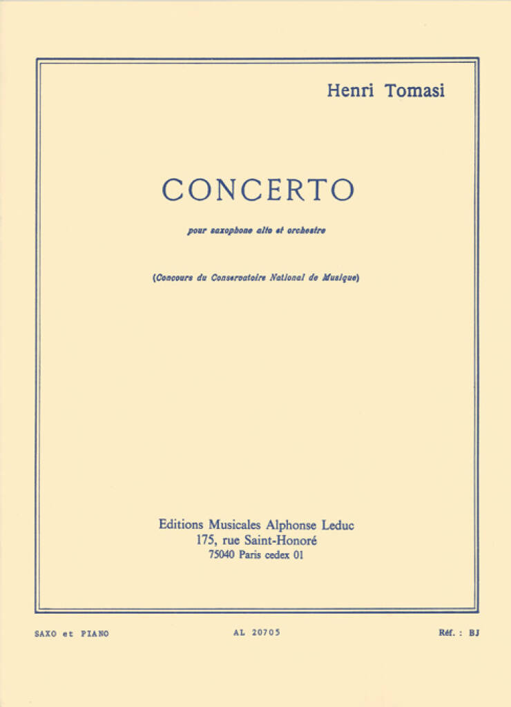 Henri Tomasi: Concerto pour saxophone alto et orchestre: Alto Saxophone And Accomp.