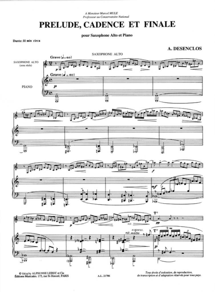 Alfred Desenclos: Prelude Cadence Et Finale: Alto Saxophone And Accomp.