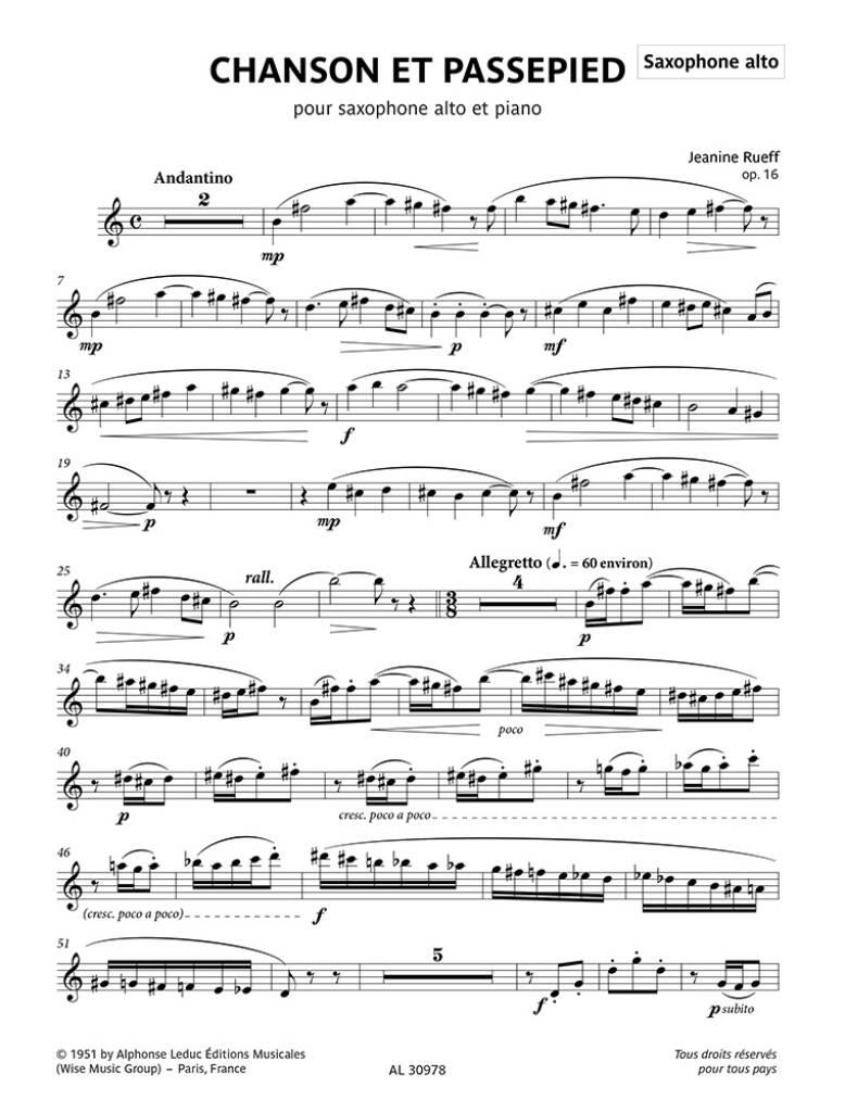 Jeanine Rueff: Chanson et Passepied opus 16: Alto Saxophone And Accomp.