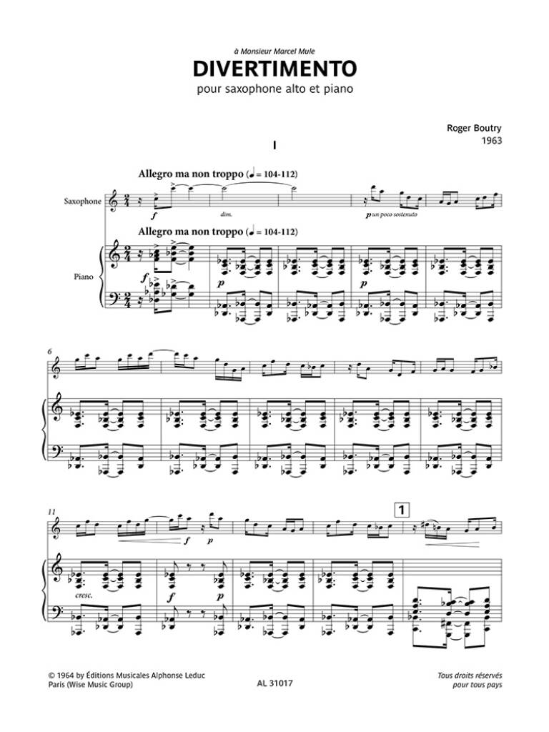 Roger Boutry: Divertimento pour saxophone alto et piano: Alto Saxophone And Accomp.