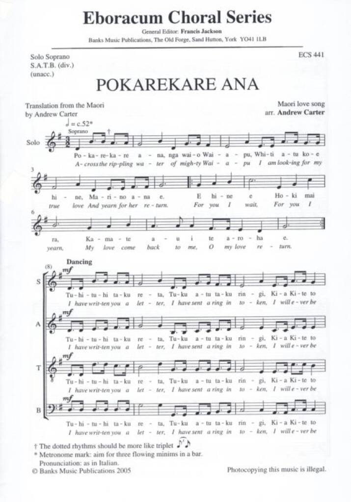 Andrew Carter: Pokarekare Ana: Mixed Choir And Accomp.