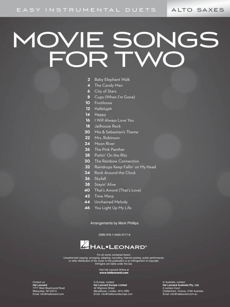 Movie Songs for Two Alto Saxes: (Arr. Mark Phillips): Alto Saxophone