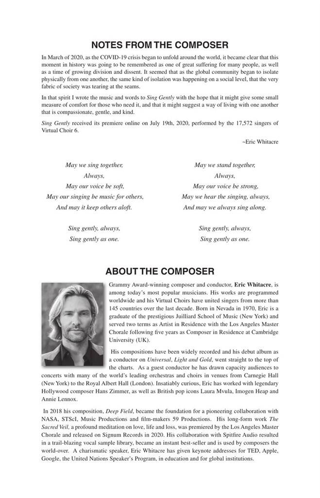 Eric Whitacre: Sing Gently: Mixed Choir And Accomp.