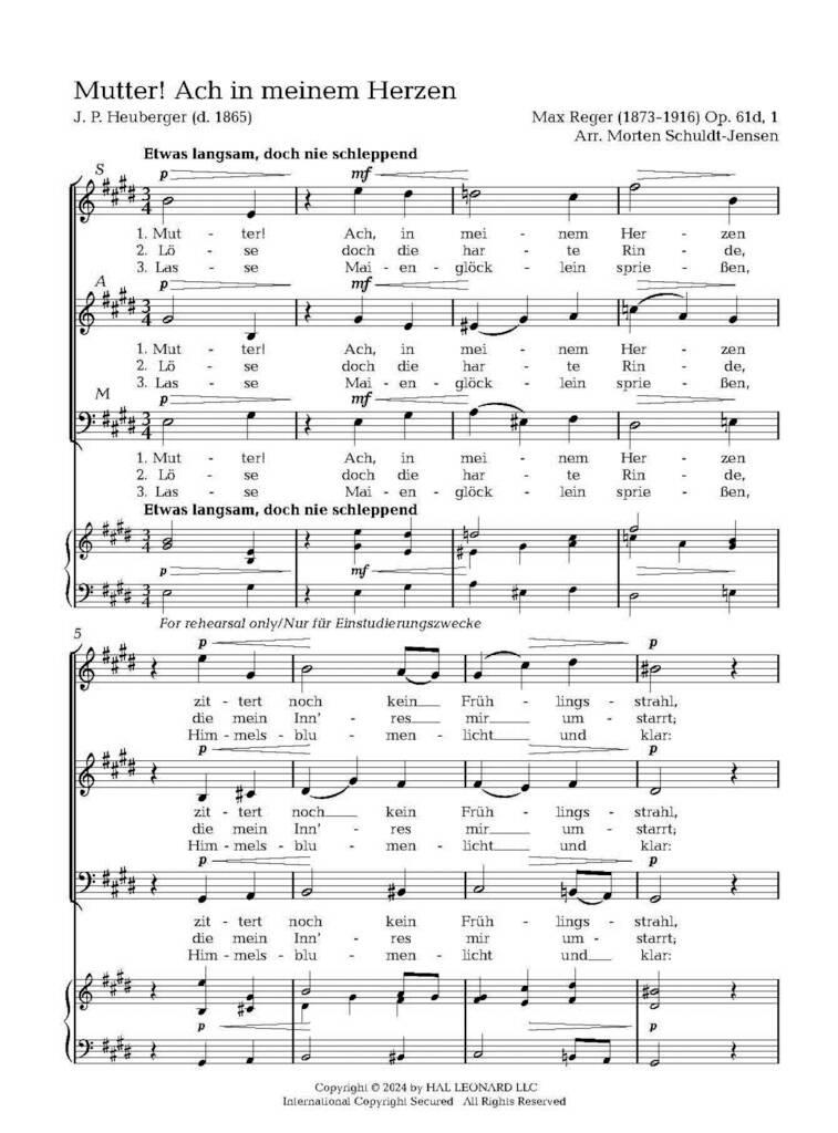 Max Reger: Marienlieder op. 61d: (Arr. Morten Schuldt-Jensen): Mixed Choir A Cappella