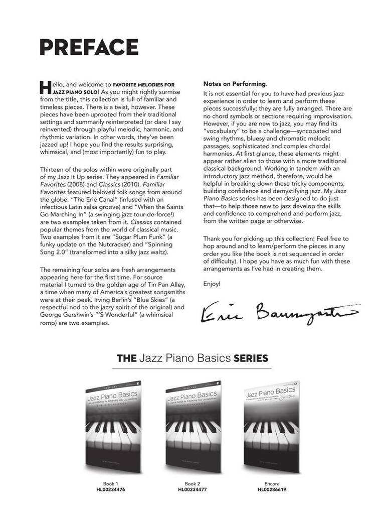 Favorite Melodies for Jazz Piano Solo: (Arr. Eric Baumgartner): Piano Solo