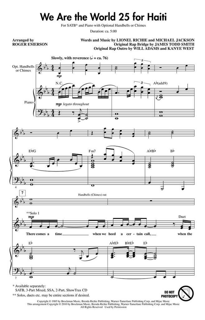 Lionel Richie: We are the World (25 for Haiti): (Arr. Roger Emerson): Mixed Choir And Piano/Organ