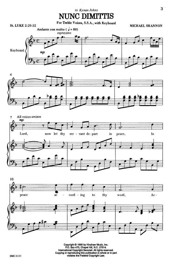 Michael Shannon: Nunc Dimittis: (Arr. Michael Shannon): Upper Voices And Piano/Organ