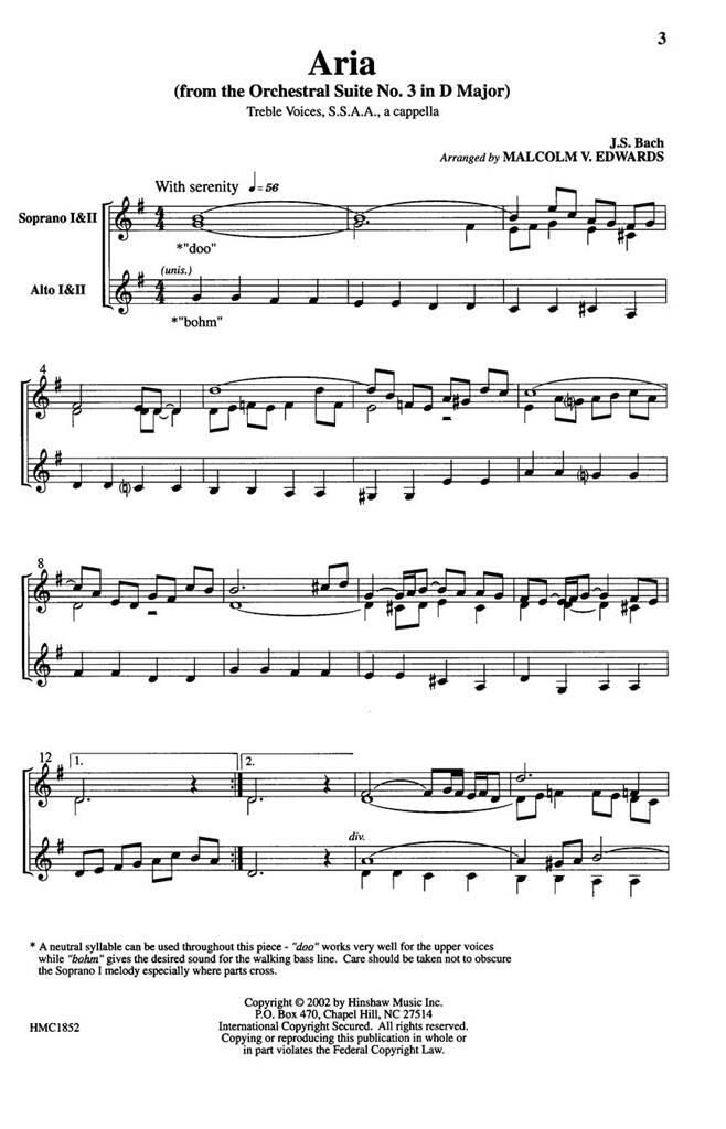Johann Sebastian Bach: Aria From The Bach Orchestral Suite No.3: (Arr. Edwards): Upper Voices And Accomp.