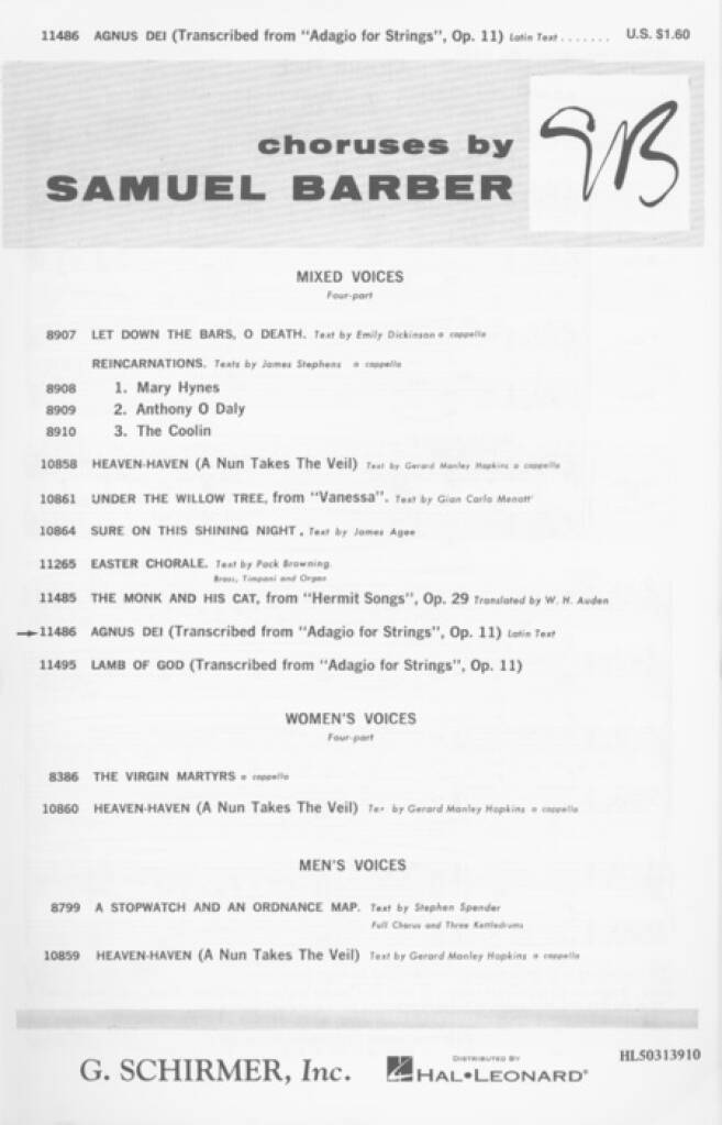 Samuel Barber: Agnus Dei: Music of Inner Harmony: Mixed Choir And Piano/Organ