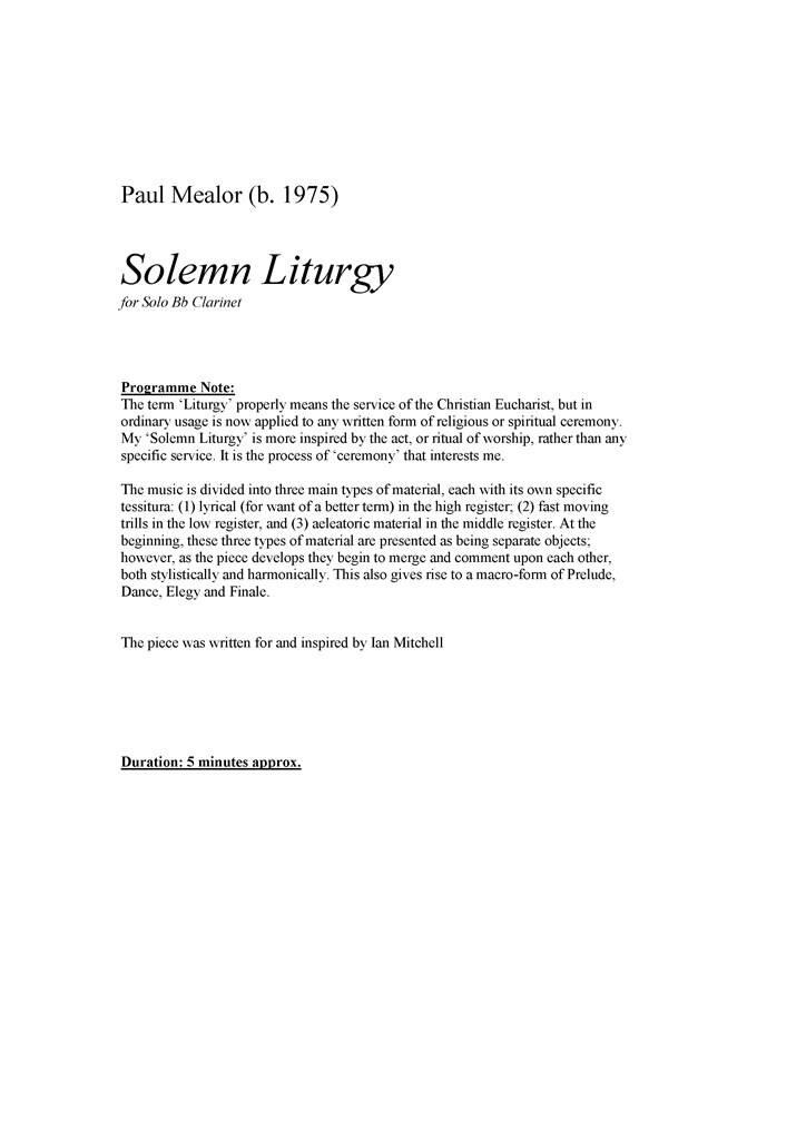 Paul Mealor: Solemn Liturgy: Clarinet Solo