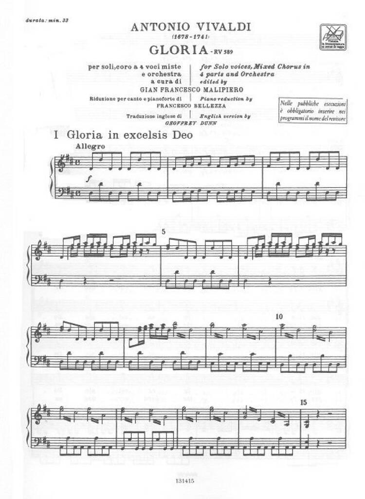 Antonio Vivaldi: Gloria RV.589: (Arr. Francesco Bellezza): Mixed Choir And Piano/Organ